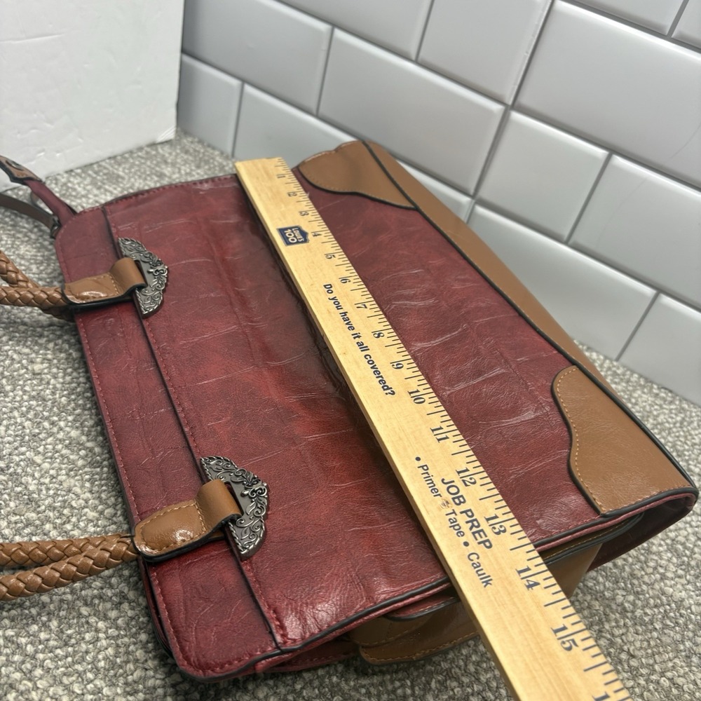 Bueno Leather Handbag Red Brick Color Woven Handle Nice - Picture 8 of 10